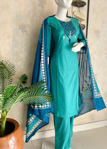 Aqua Blue Grace – Handblock A-Line Kurta Set