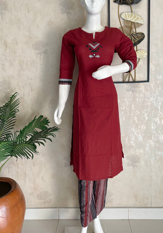 Mehroon Multicolour – Handloom Cotton Applique Kurta Set