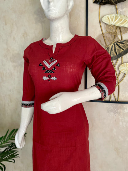 Mehroon Multicolour – Handloom Cotton Applique Kurta Set