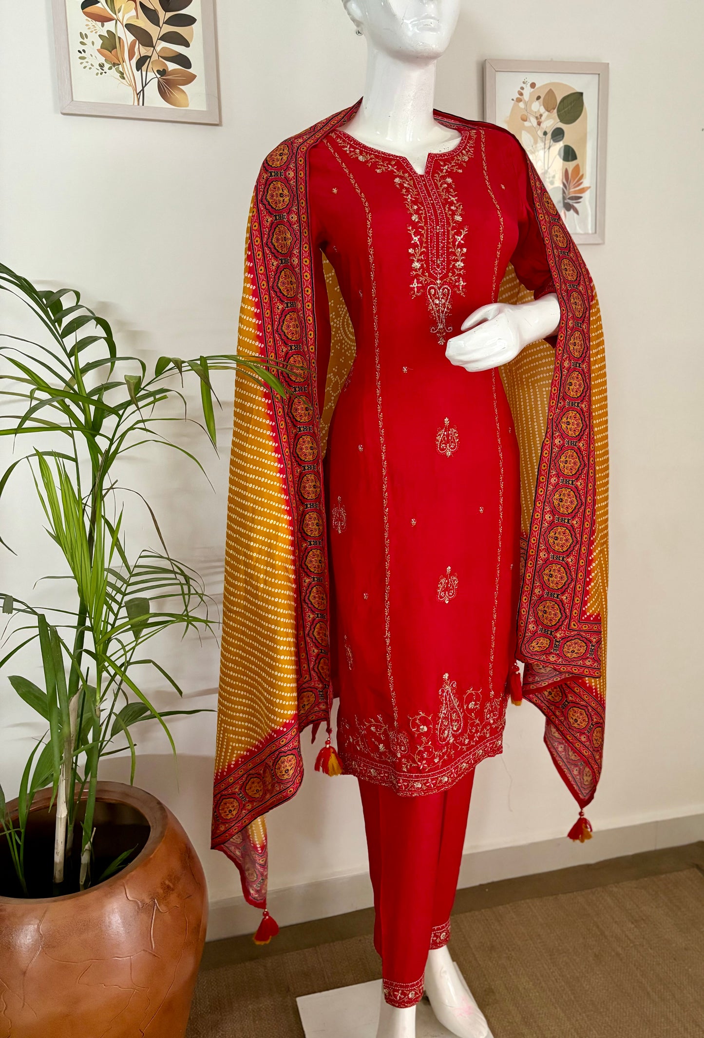 Fiery Red Silk Kurta Set