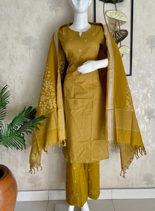 Mustard Floral Grace – Handloom Cotton Kurta Set