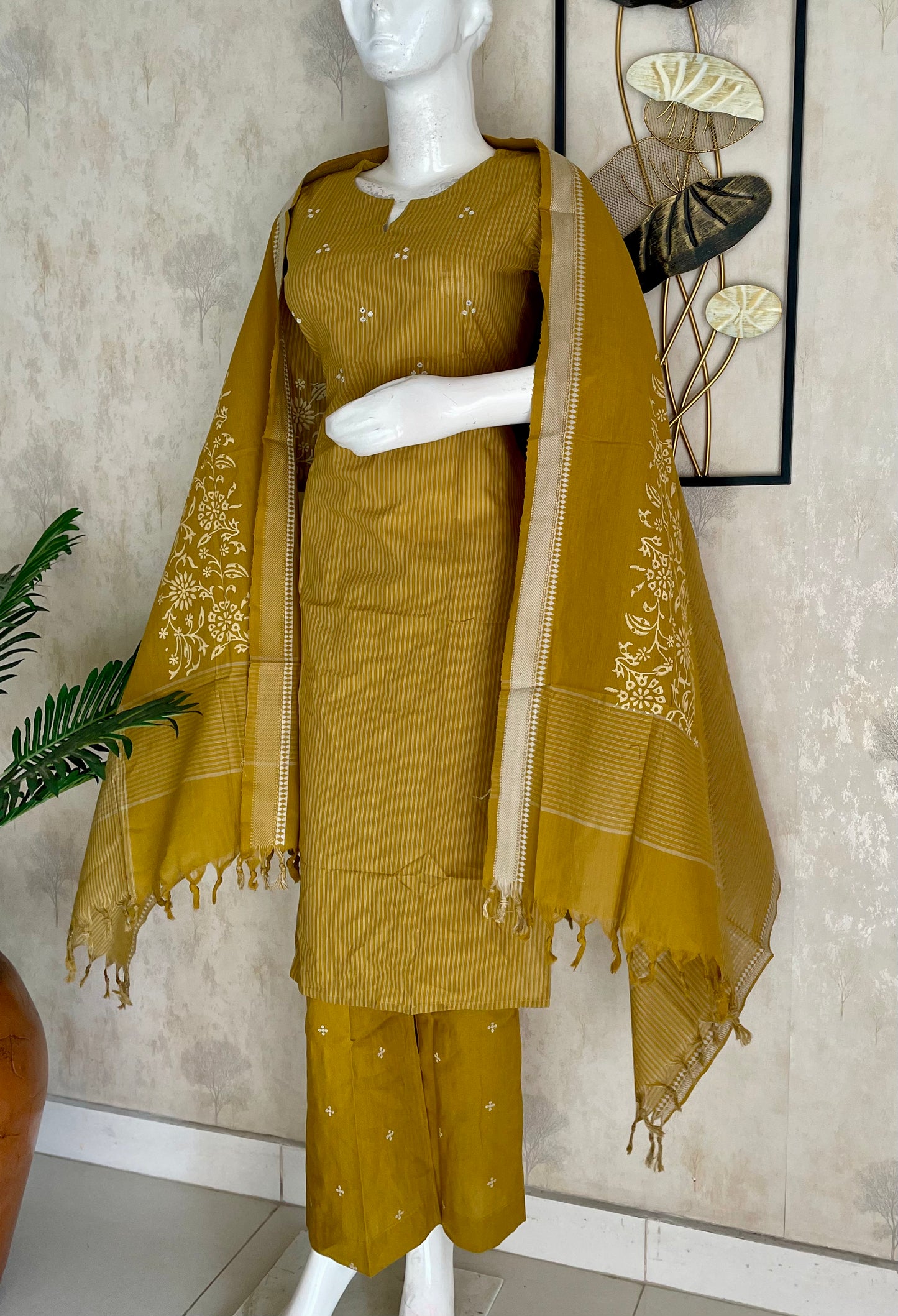 Mustard Floral Grace – Handloom Cotton Kurta Set