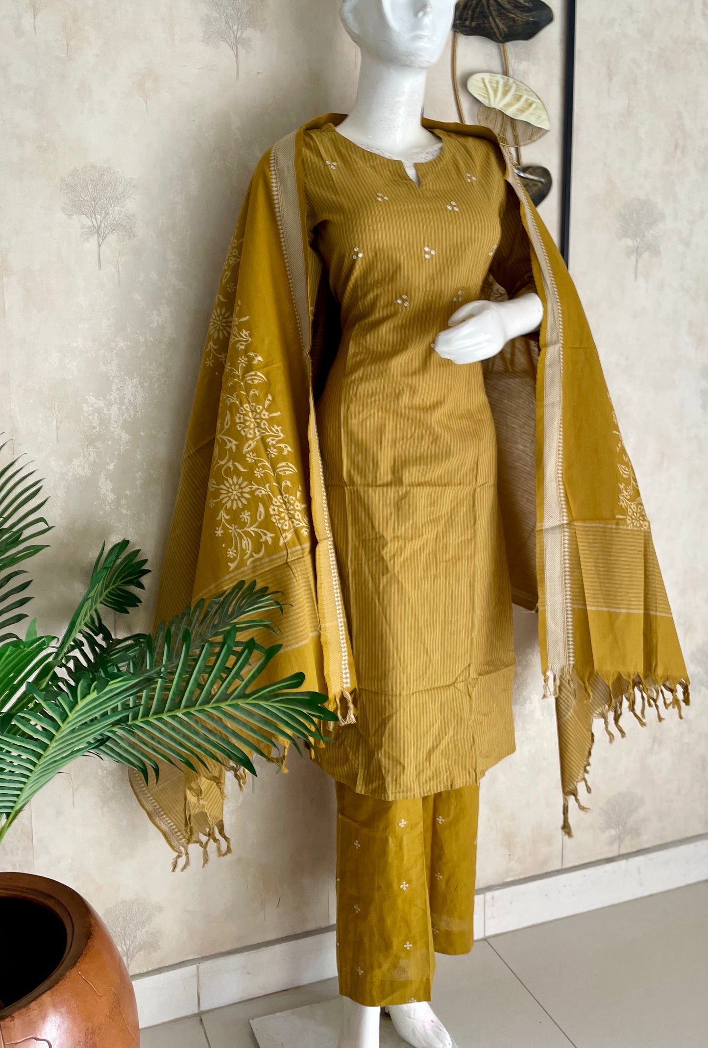 Mustard Floral Grace – Handloom Cotton Kurta Set