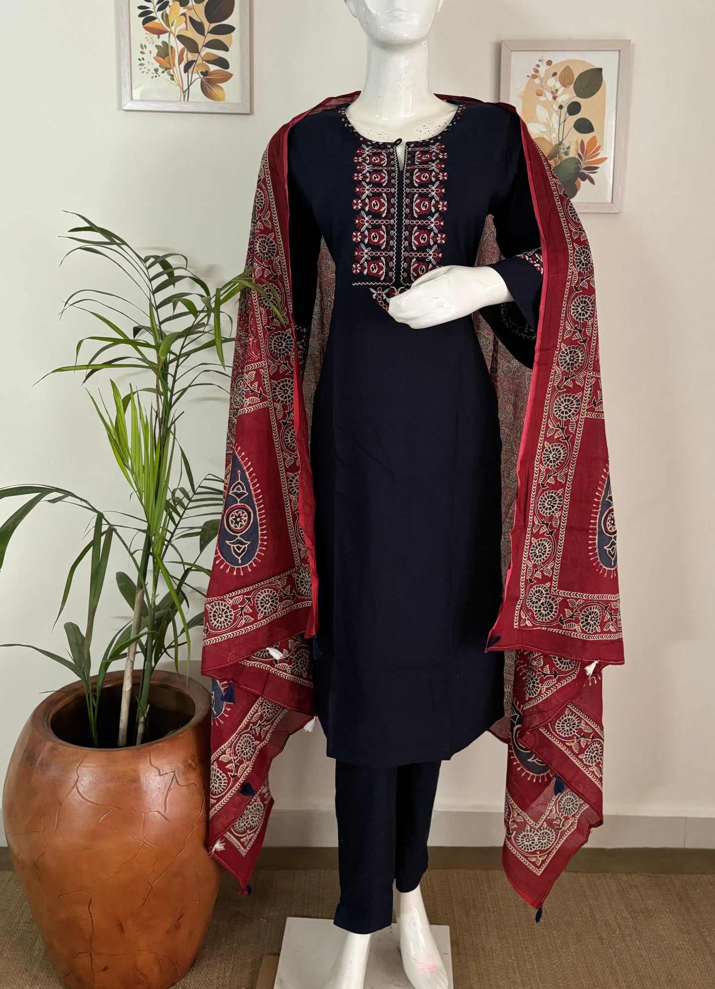 Navy Blue Elegance: Handloom Cotton Kurta Set