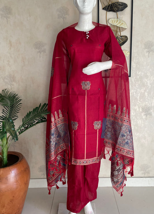 Cherry Red Grace – Jamdani Kurta Set