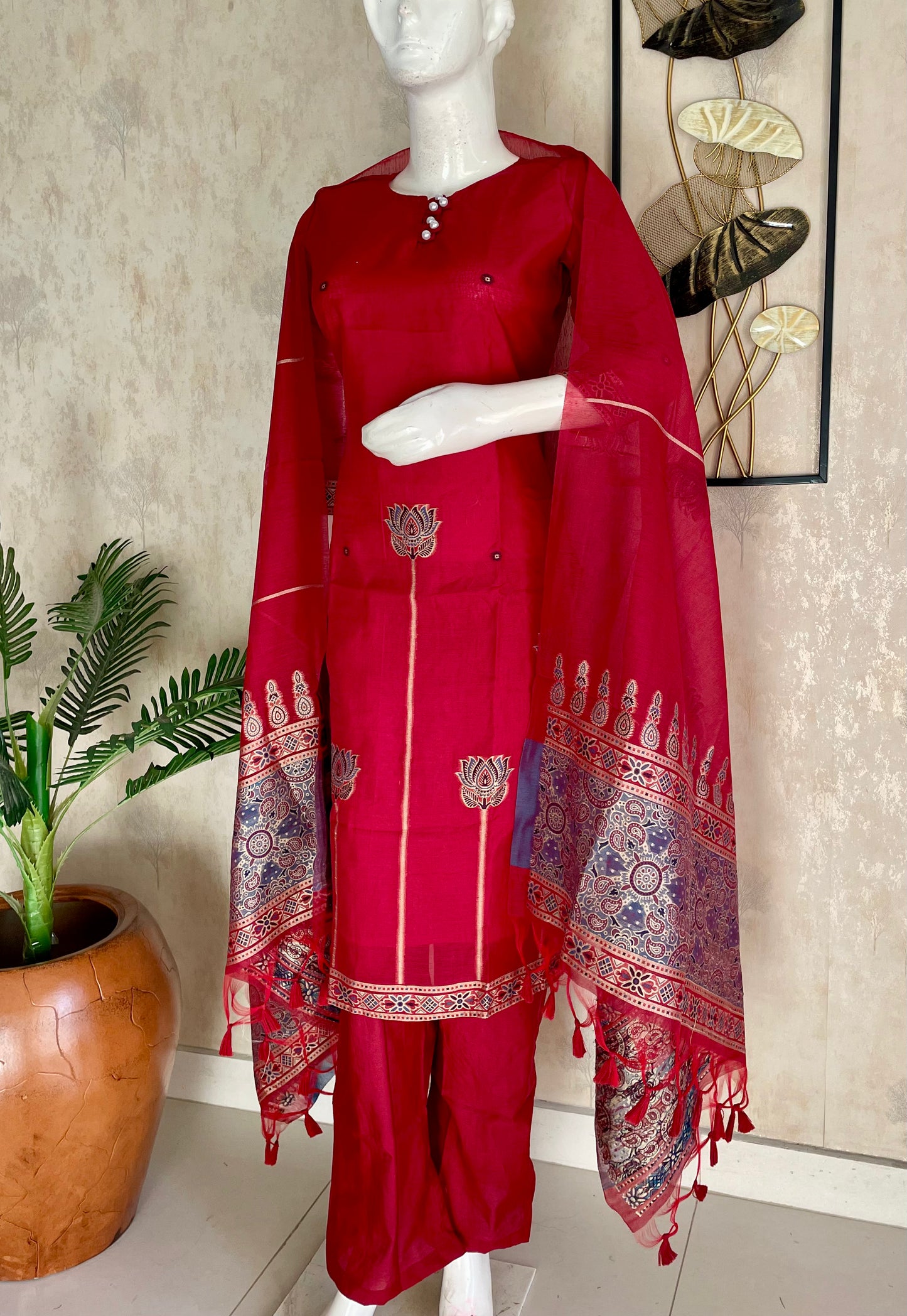 Cherry Red Grace – Jamdani Kurta Set