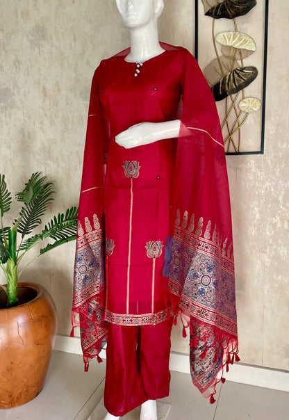 Cherry Red Grace – Jamdani Kurta Set