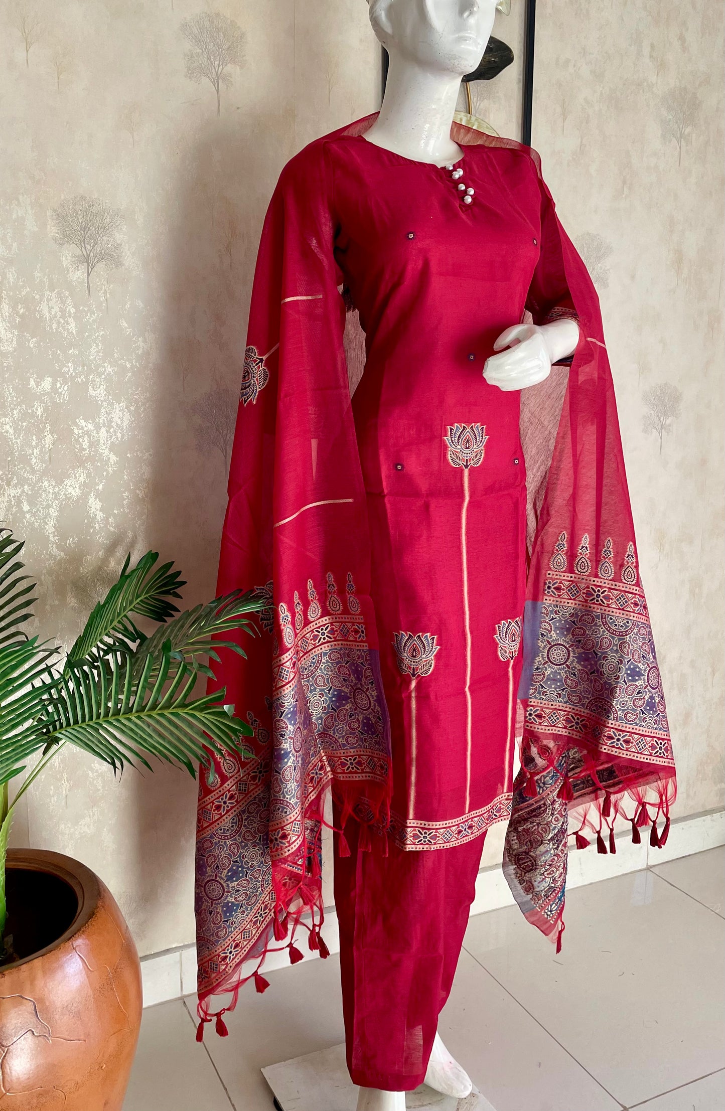 Cherry Red Grace – Jamdani Kurta Set