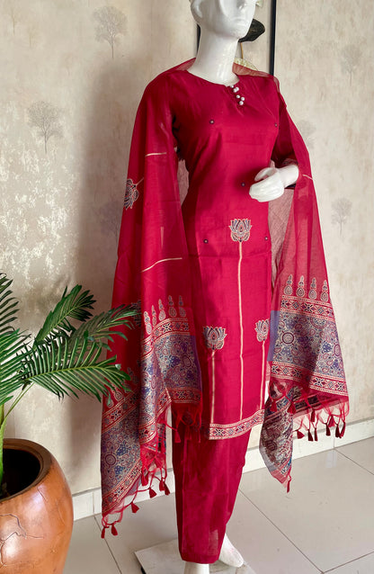 Cherry Red Grace – Jamdani Kurta Set