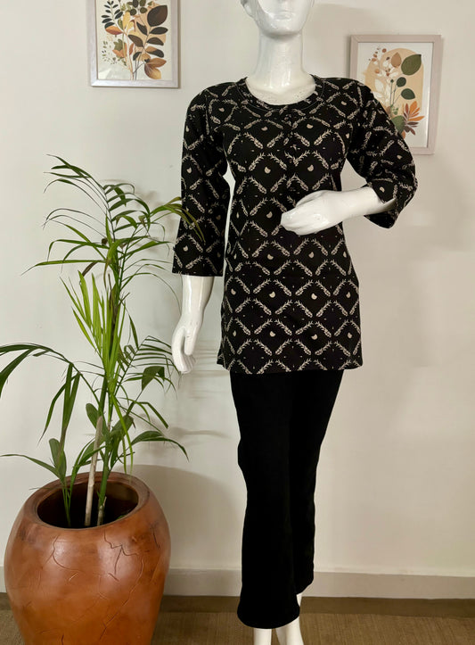 Geometric Chic: Black Cotton Short Kurti