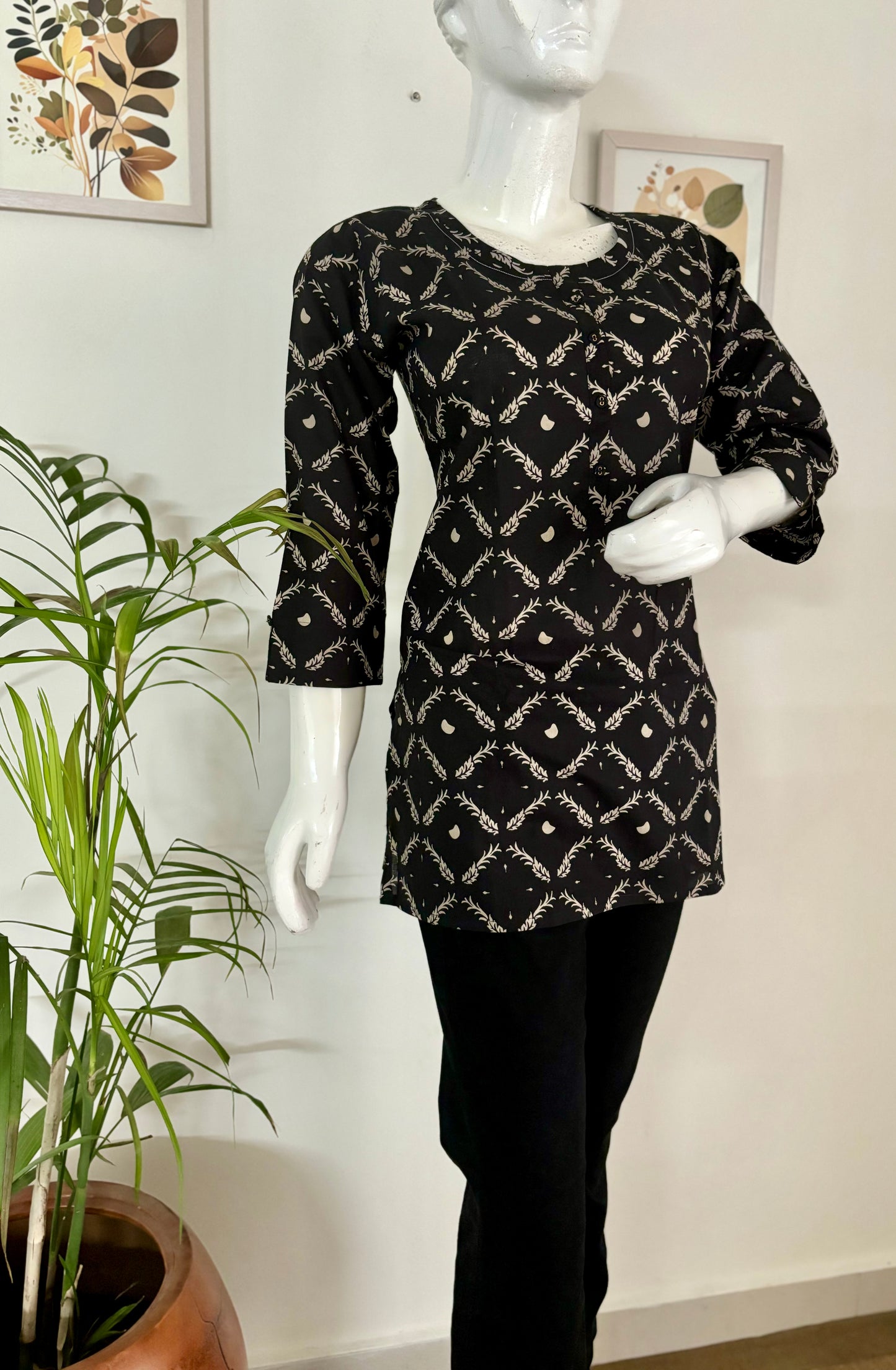 Geometric Chic: Black Cotton Short Kurti