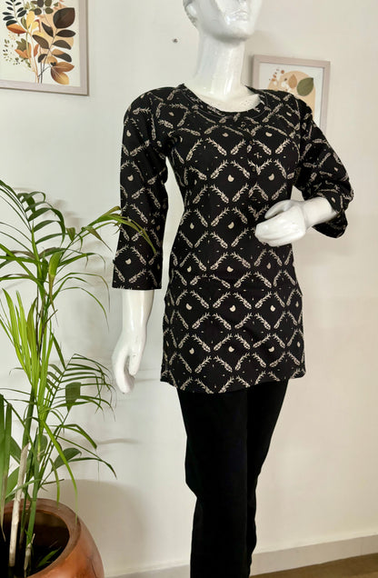 Geometric Chic: Black Cotton Short Kurti