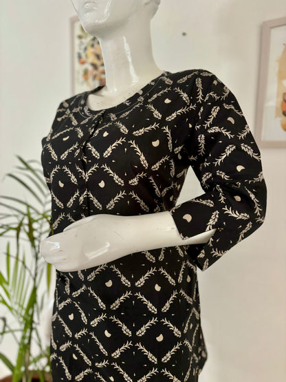 Geometric Chic: Black Cotton Short Kurti