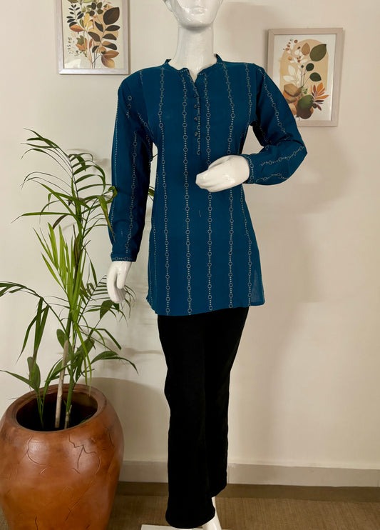 Timeless Blue: Handwoven Short Kurti