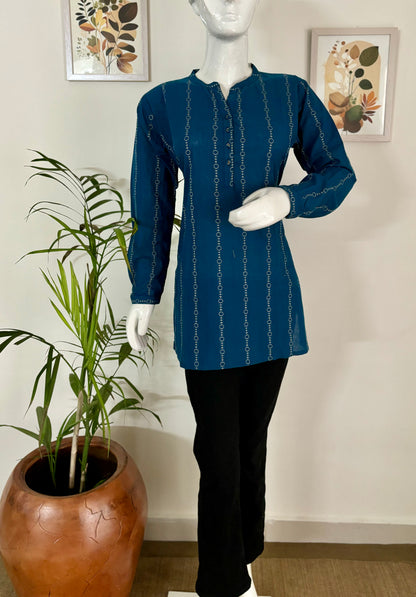 Timeless Blue: Handwoven Short Kurti