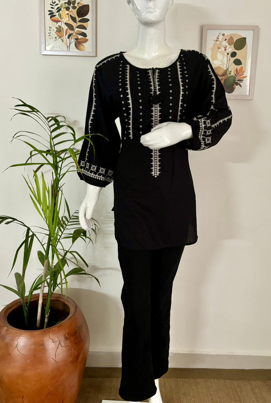 Classic Black: Embroidered Cotton Short Kurti