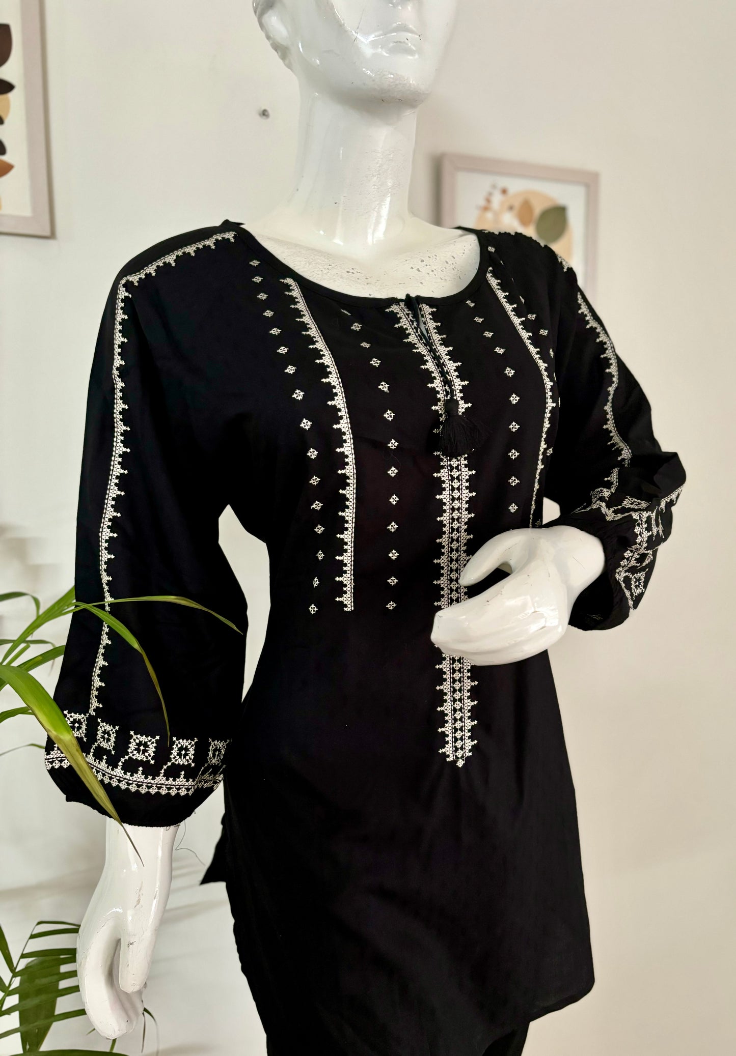 Classic Black: Embroidered Cotton Short Kurti