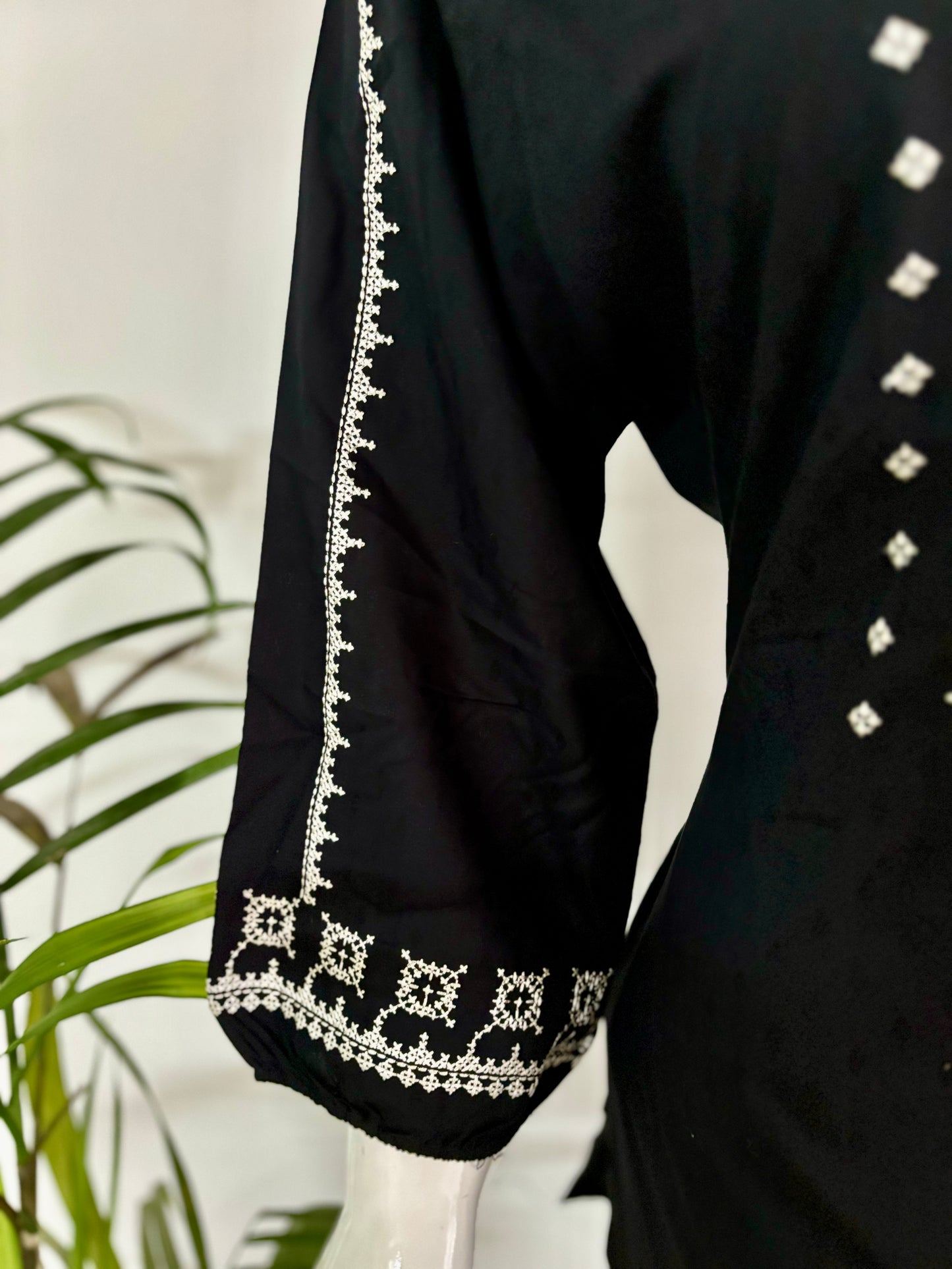 Classic Black: Embroidered Cotton Short Kurti