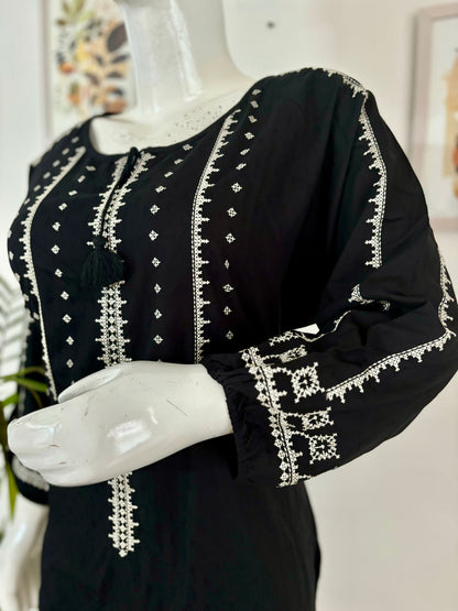 Classic Black: Embroidered Cotton Short Kurti