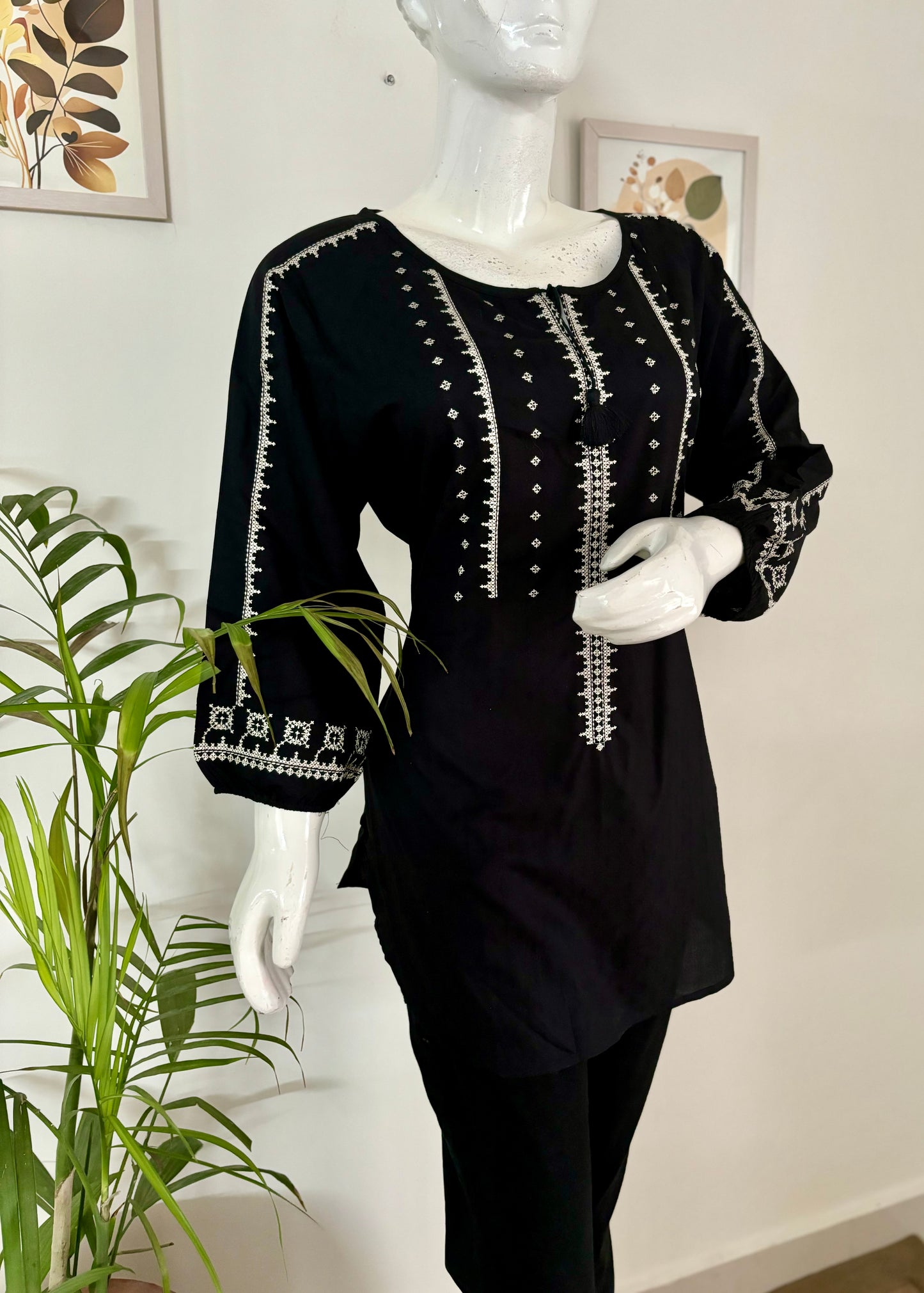 Classic Black: Embroidered Cotton Short Kurti