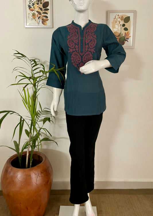 Teel Blue Elegance: Silk Short Kurti