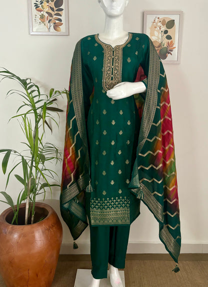 Bottle Green Opulence: Banarasi Kurta Set