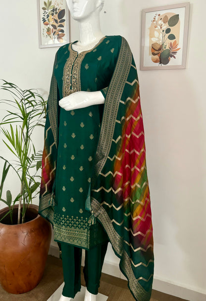 Bottle Green Opulence: Banarasi Kurta Set