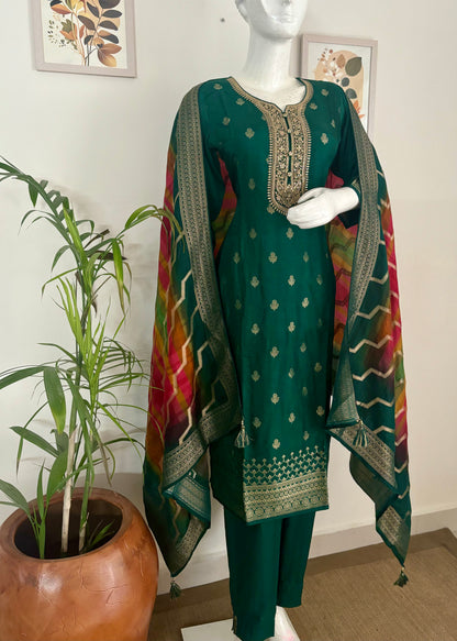 Bottle Green Opulence: Banarasi Kurta Set