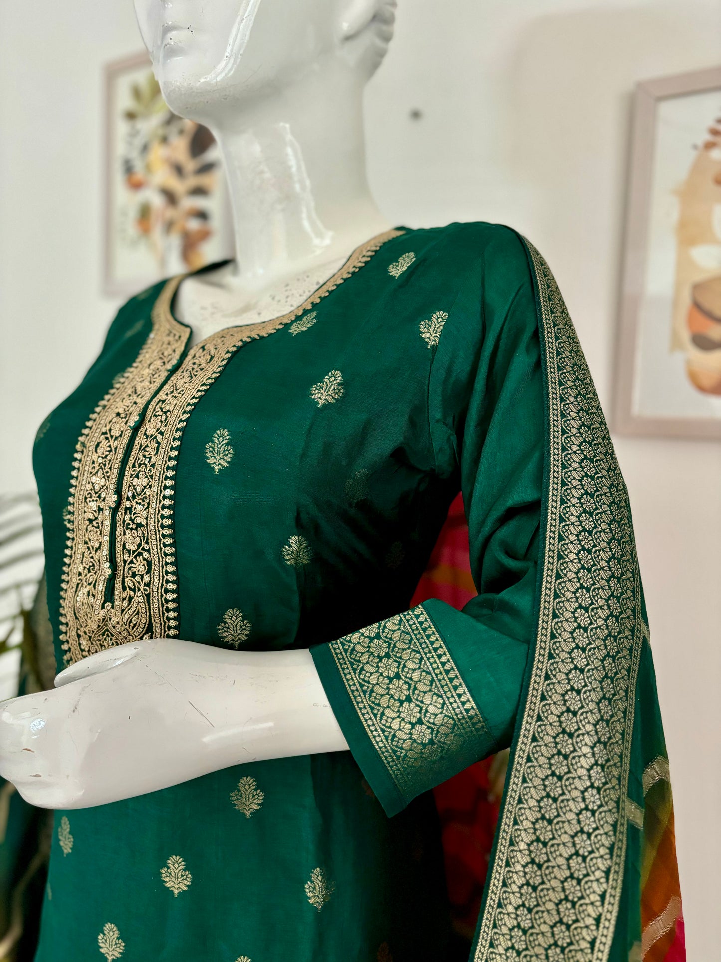 Bottle Green Opulence: Banarasi Kurta Set