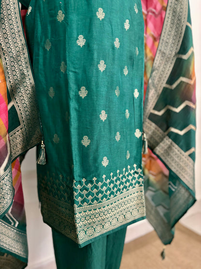 Bottle Green Opulence: Banarasi Kurta Set