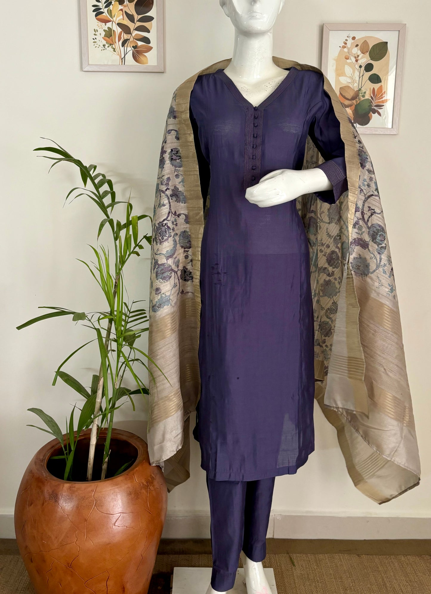 Silk A-Line Purple Kurta with Golden Pintex