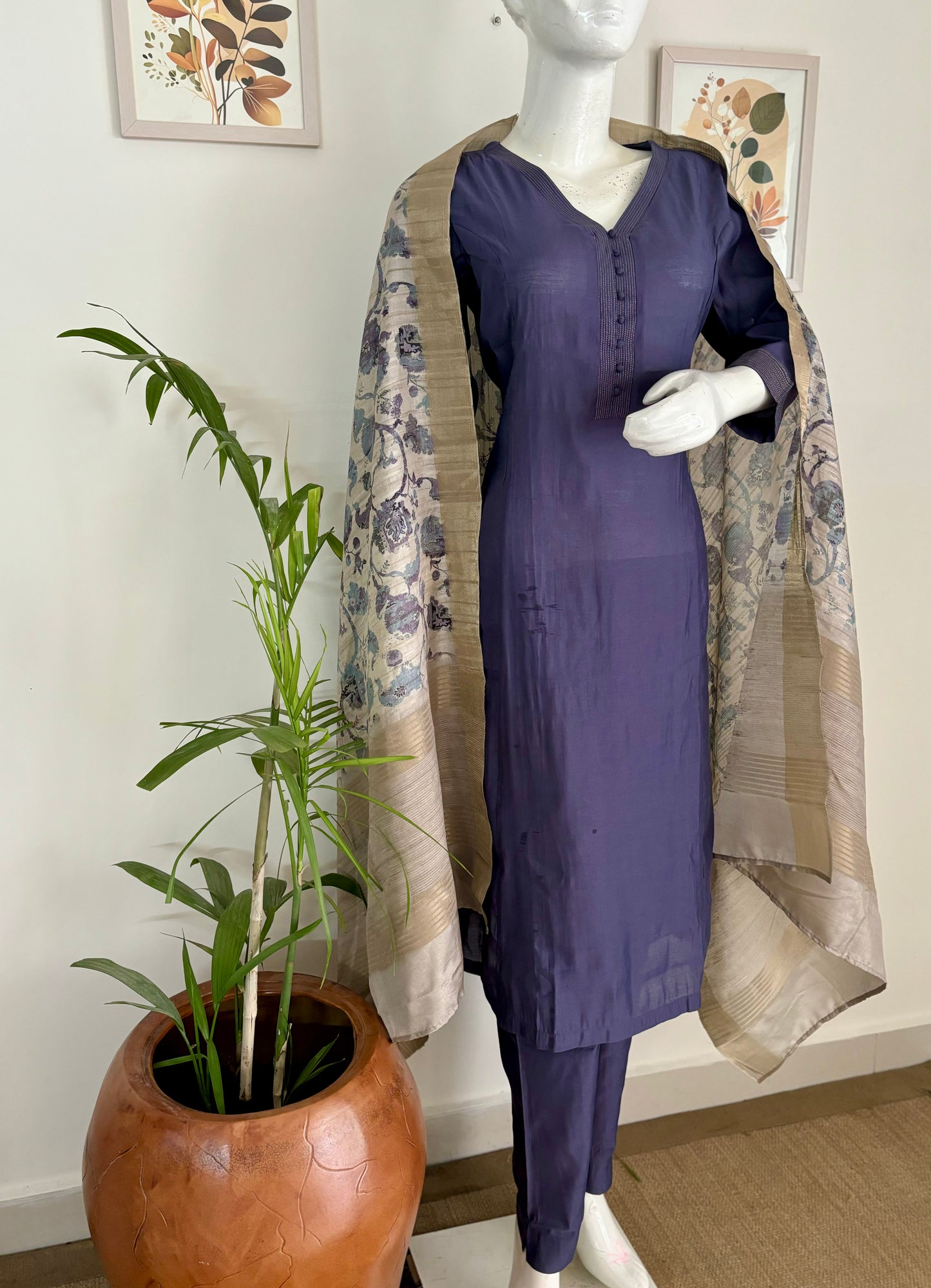 Silk A-Line Purple Kurta with Golden Pintex