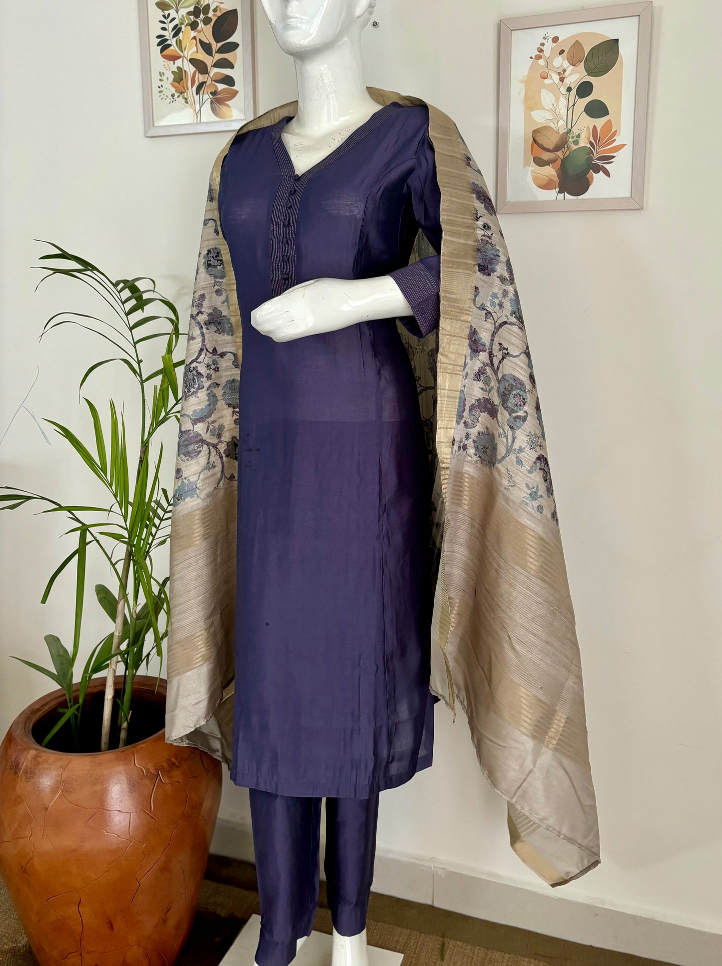 Silk A-Line Purple Kurta with Golden Pintex