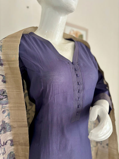 Silk A-Line Purple Kurta with Golden Pintex