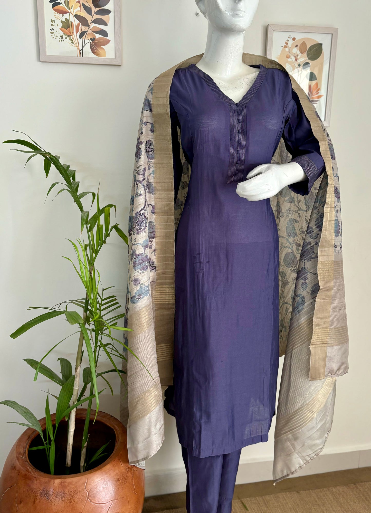 Silk A-Line Purple Kurta with Golden Pintex