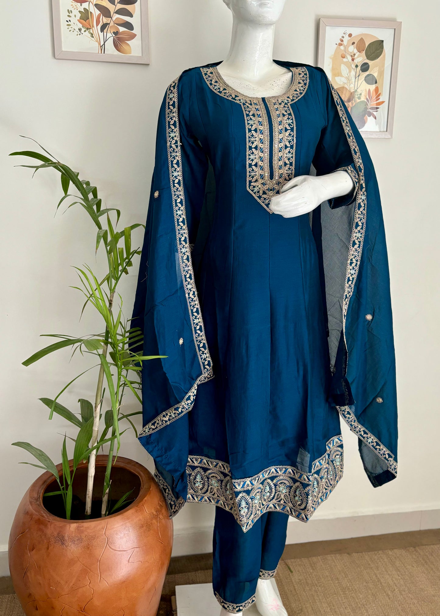 Peacock Blue Anarkali Silk Kurta