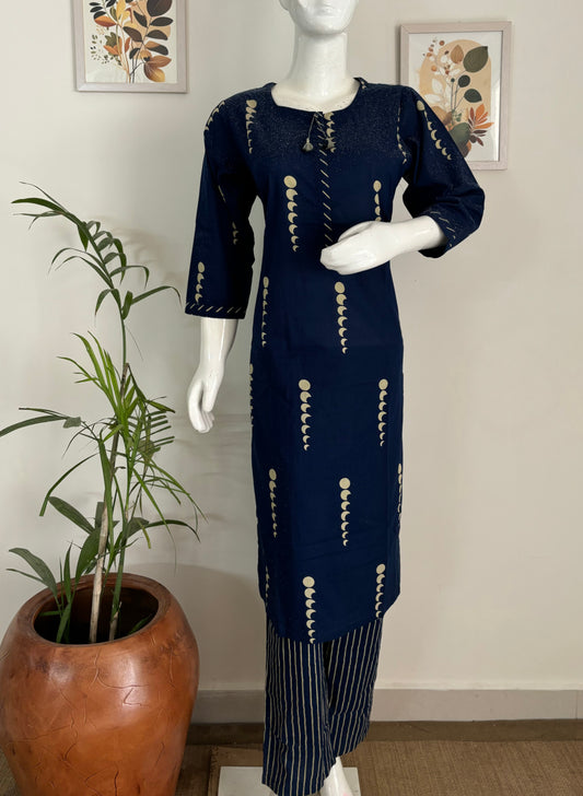 Royal Blue Printed Cotton Kurta Set