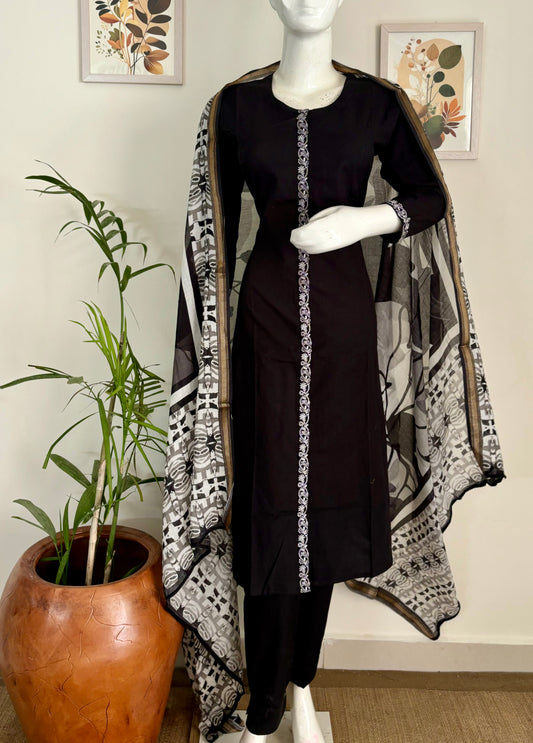 Handloom Cotton Black A-Line Kurta Set