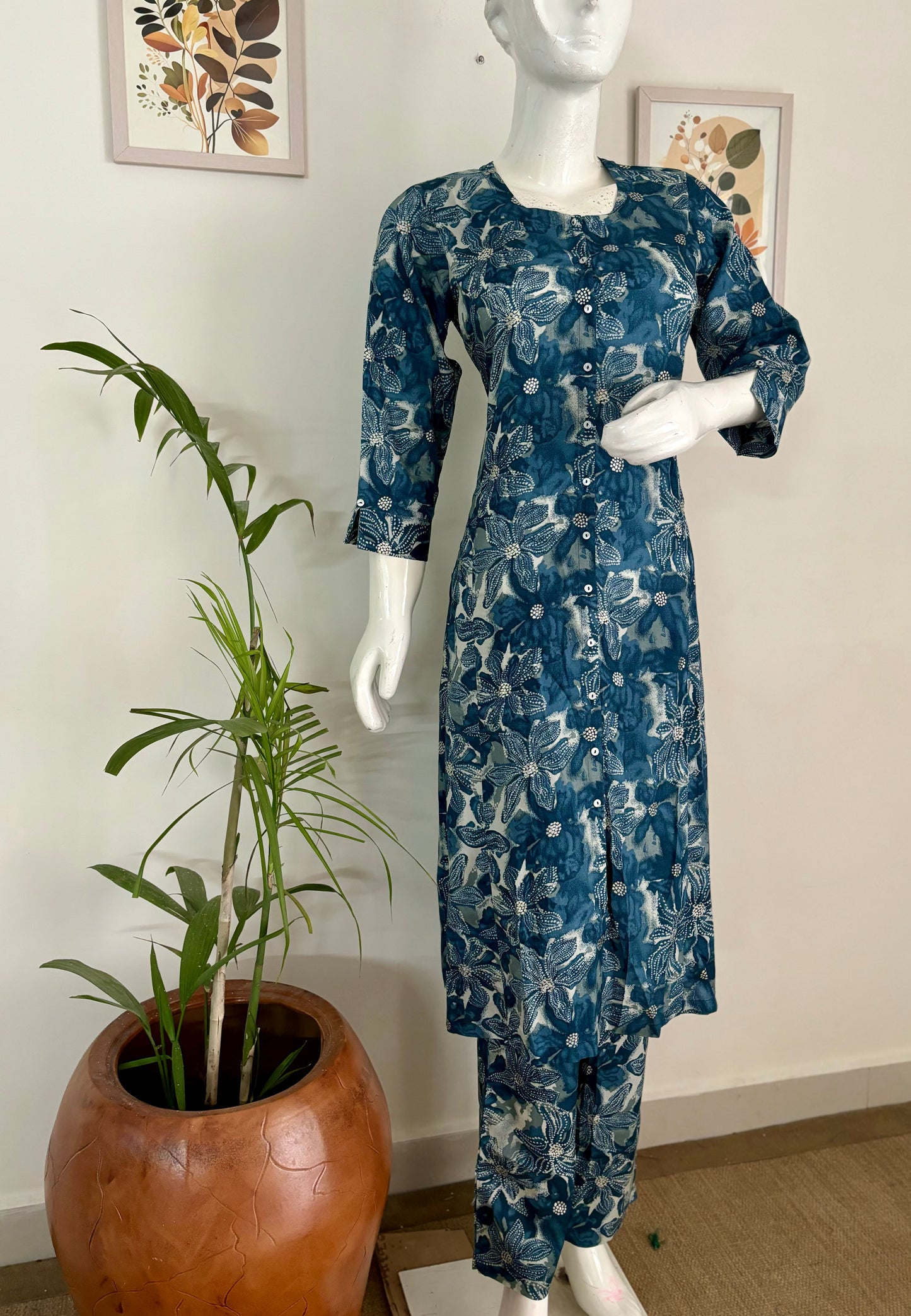 Blue Floral Printed Asymmetric Long Cord Set