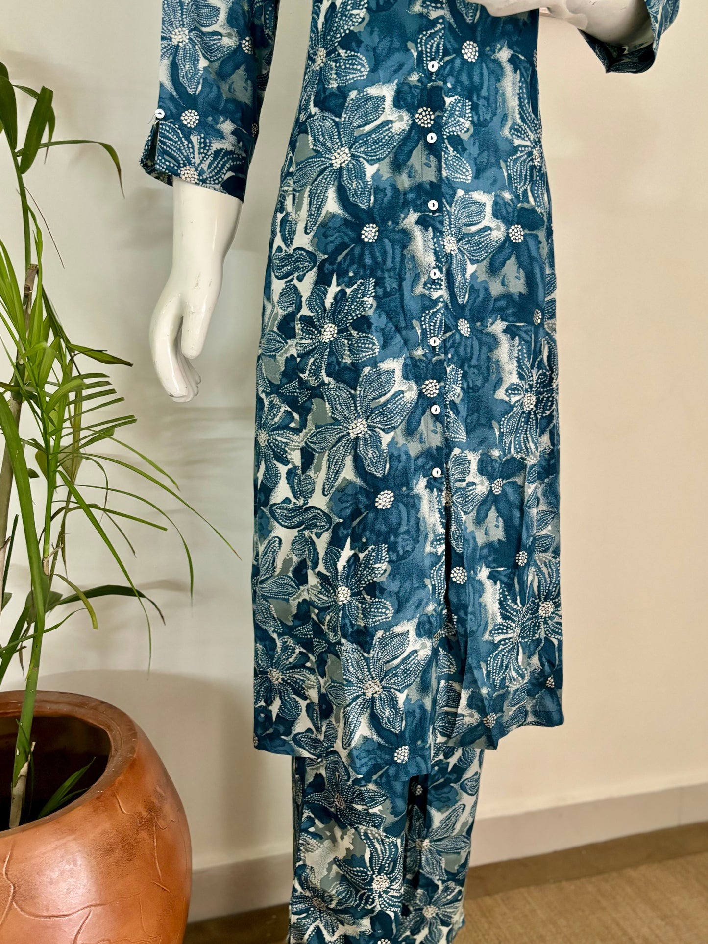 Blue Floral Printed Asymmetric Long Cord Set