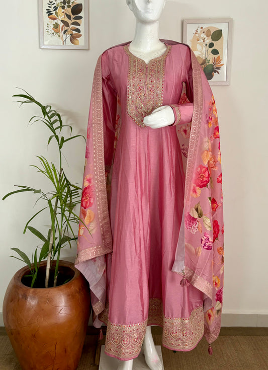 Pink Anarkali Kurta Set with Golden Thread Embroidery