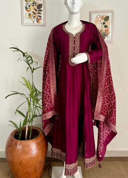 Wine Anarkali Kurta Set with Golden Thread Embroidery