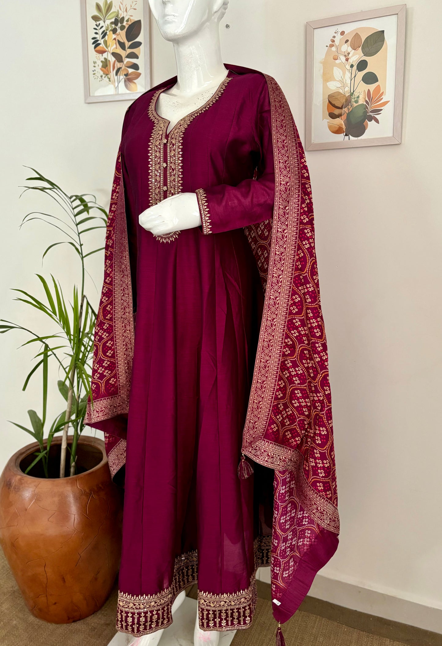 Wine Anarkali Kurta Set with Golden Thread Embroidery