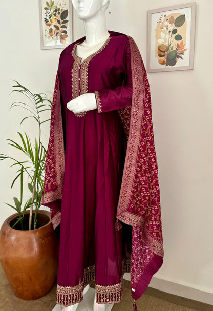 Wine Anarkali Kurta Set with Golden Thread Embroidery