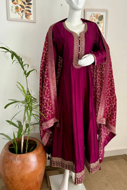 Wine Anarkali Kurta Set with Golden Thread Embroidery