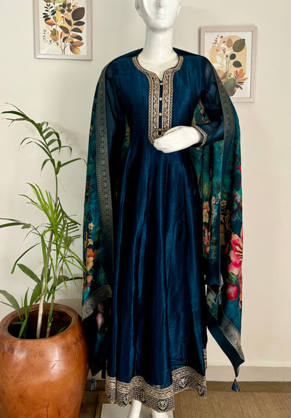 Peacock Blue Anarkali Kurta Set with Golden Thread Embroidery