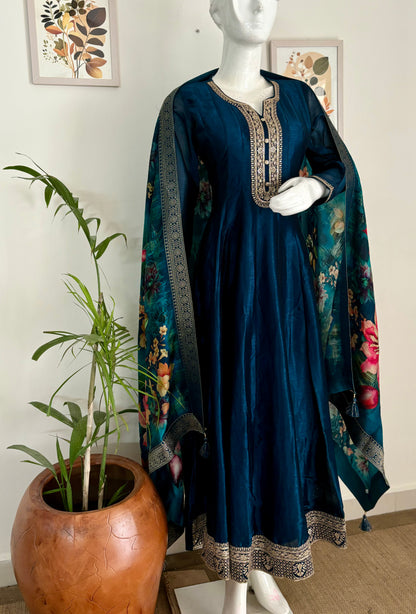 Peacock Blue Anarkali Kurta Set with Golden Thread Embroidery