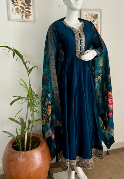 Peacock Blue Anarkali Kurta Set with Golden Thread Embroidery