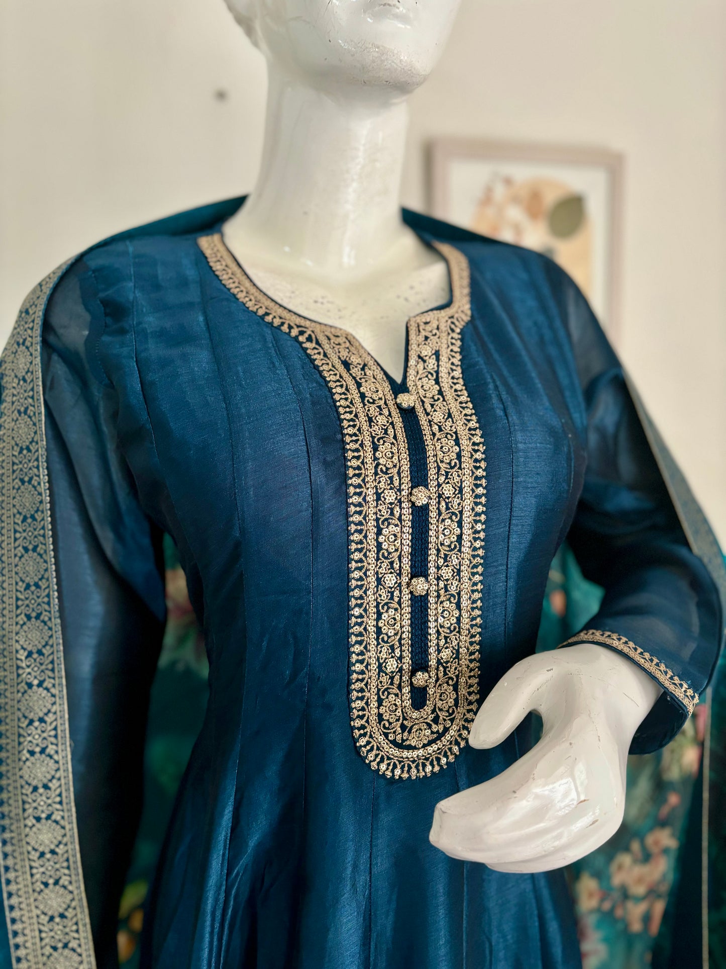 Peacock Blue Anarkali Kurta Set with Golden Thread Embroidery