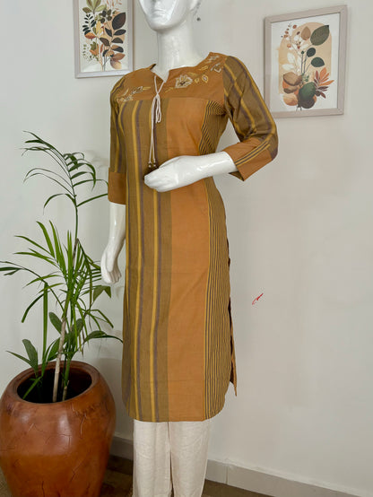 Violet and Yellow Striped Handloom Cotton Kurta Set